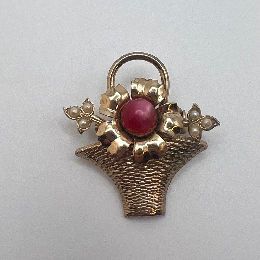 SALE 3/$20**Coro Raspberry Moon Glow Flower Basket Brooch